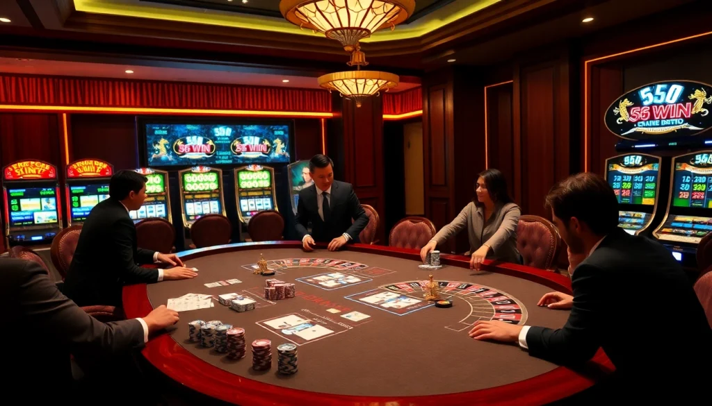 56WIN gaming scene with luxury poker table, vibrant slot machines, and roulette wheel experience.