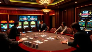 56WIN gaming scene with luxury poker table, vibrant slot machines, and roulette wheel experience.