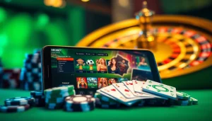 Sweeping view of SBOBET login terbaru on a luxury mobile device, surrounded by poker chips and a roulette wheel.
