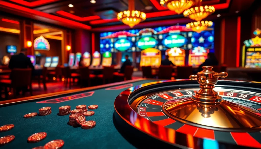 Hello88 gaming scene featuring an elegant casino table, vibrant slot machines, and enthusiastic players.