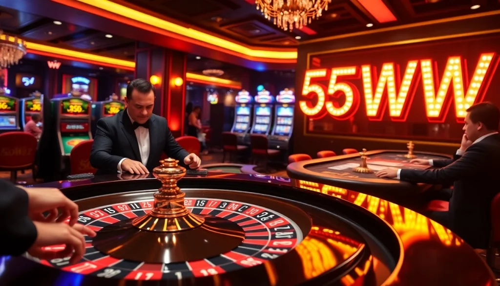 Experience the excitement of gambling at a luxurious casino featuring the prominent "55WW" roulette table and vibrant poker chips.