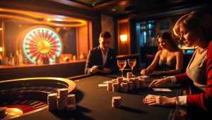 Players at a TPJ casino poker table engage in a high-stakes game with vibrant chips and cards.