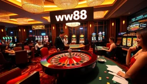 ww88 players enjoying high-stakes poker and vibrant slot machines in a luxurious casino setting