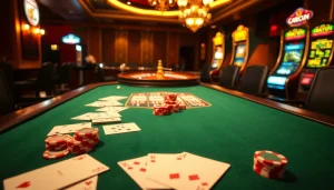 Experience thrilling gameplay at https://okfun.uk.net/ with vibrant casino tables and a roulette wheel.