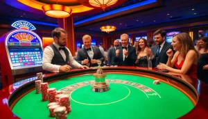 Engage in the thrill of casino action with poker chips and a roulette table.