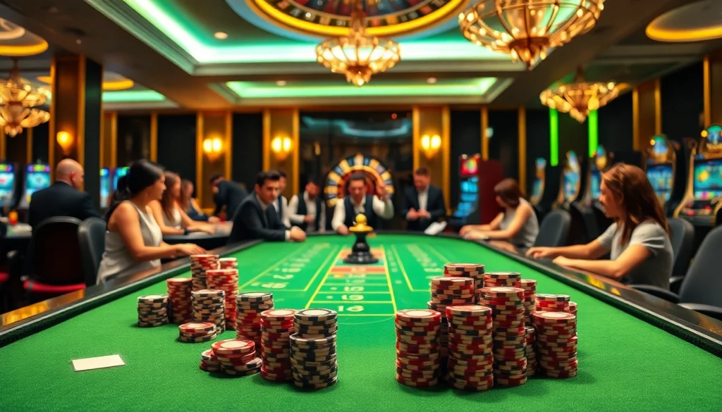 Experience the excitement of Trang chủ pg66 with a vibrant casino scene featuring engaged players and luxurious gaming elements.