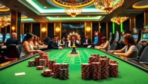 Experience the excitement of Trang chủ pg66 with a vibrant casino scene featuring engaged players and luxurious gaming elements.