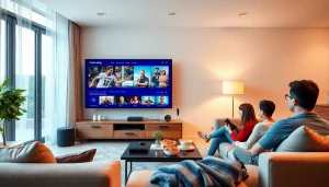 Engaging family enjoying IPTV France in a modern living room, showcasing diverse channels and a cozy ambiance.