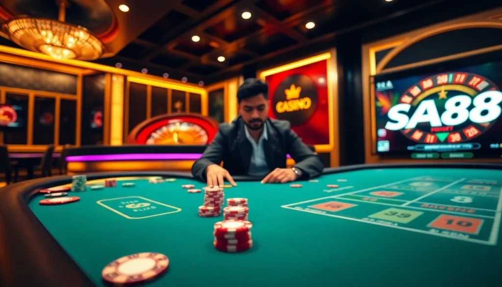 Experience thrilling gaming actions at SA88 online casino, featuring poker chips and cards.