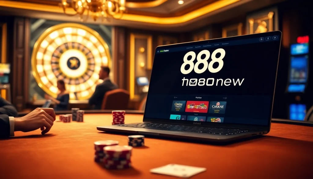 Engaging players at 888new table with cards and chips in an elegant casino setting.