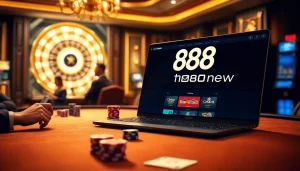 Engaging players at 888new table with cards and chips in an elegant casino setting.