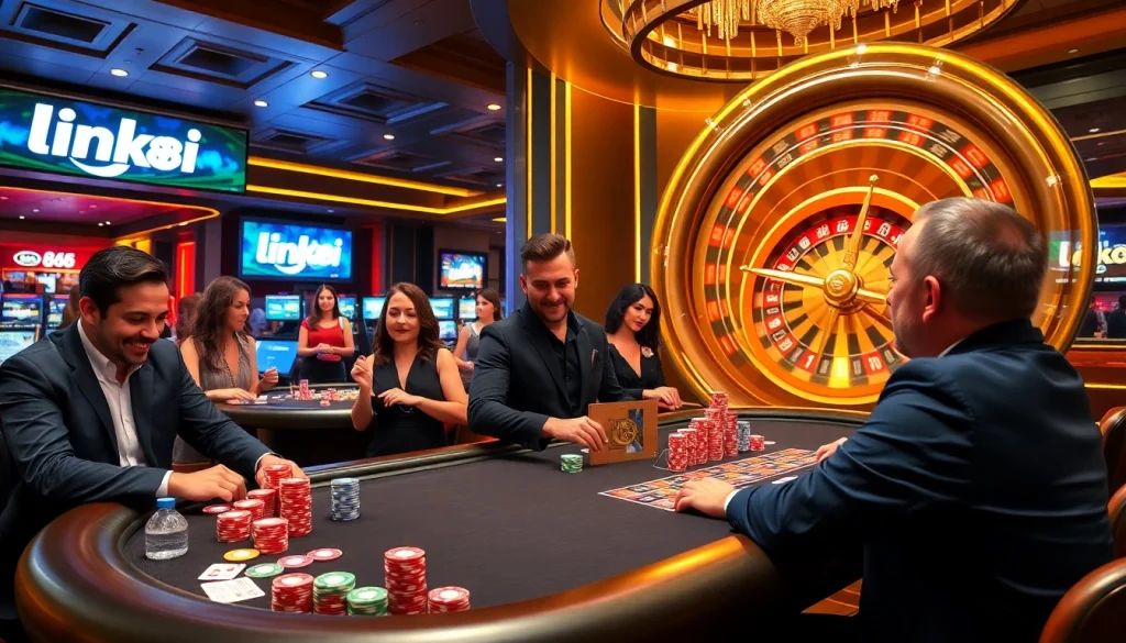 Players at a lively casino table embrace the thrill of link 88i gaming action with vibrant chips and cards.