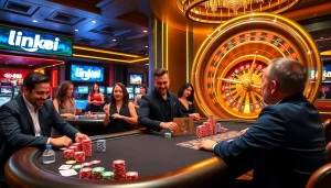 Players at a lively casino table embrace the thrill of link 88i gaming action with vibrant chips and cards.