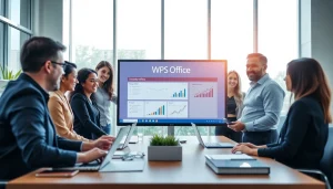 专业人员在现代化办公室使用WPS Office软件进行协作。