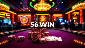 Exciting casino scene with a poker table and 56WIN branding visible amidst vibrant lights.