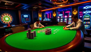 KJC enhances online gaming with an exciting poker table filled with chips and professional players.