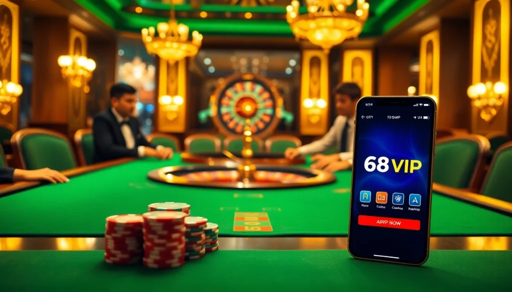 A vibrant poker table scene at 68VIP casino, featuring chips, cards, and a roulette wheel, depicting luxury and excitement in gaming.