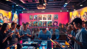 鮮やかなデジタルインターフェースを背景に、オンラインオリパのトレーディングカードイベントに参加する参加者の興奮のシーン。