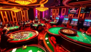 Experience the thrill of 388bet with poker tables, slot machines, and roulette in a luxurious casino setting.