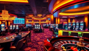 Experience the thrill of PUB88 casino with players engaged at poker tables and vibrant slot machines.