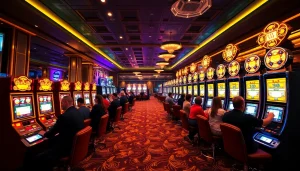 Excited players engaging with idn slot machines in a vibrant casino atmosphere.