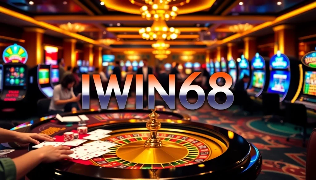 IWIN68 gaming scene showcasing luxury online casino excitement with poker cards and roulette wheels.