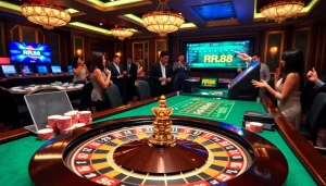 Engaged gamblers enjoying RR88 online casino games at a luxurious table, with vibrant atmosphere enhancing the experience.