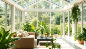Sunroom filled with natural light, greenery, and modern seating arrangement.