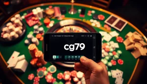 Cảnh casino hấp dẫn trình diễn ứng dụng cg79 trên smartphone giữa các chip cược và bánh xe roulette.