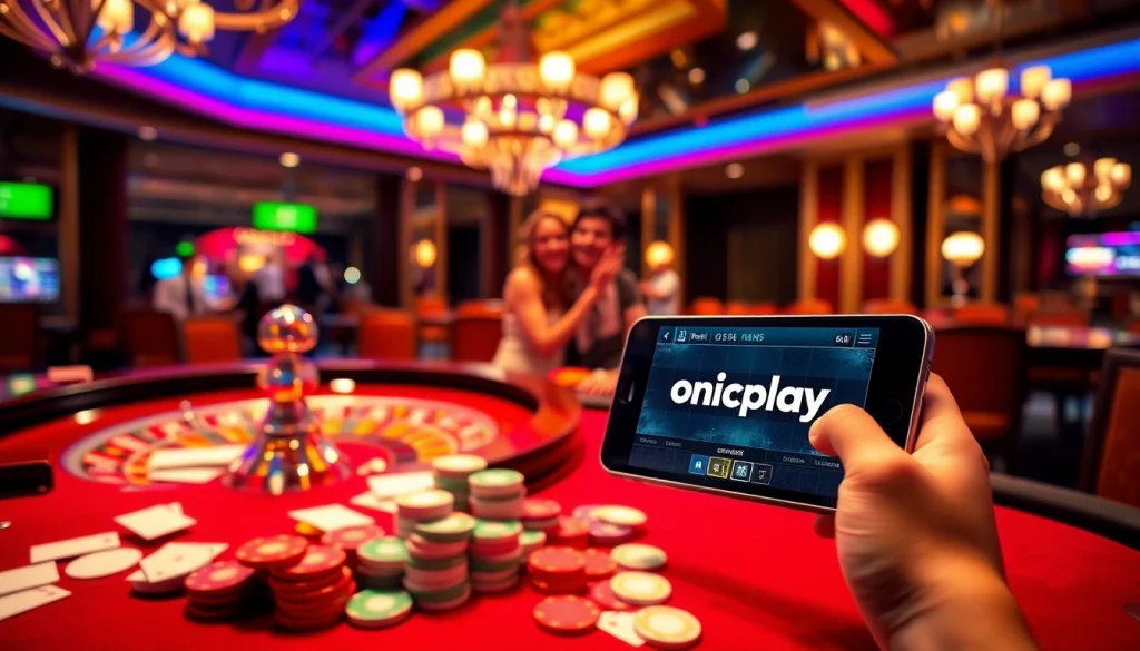 Experience the excitement of onicplay with players strategizing at a vibrant casino table.