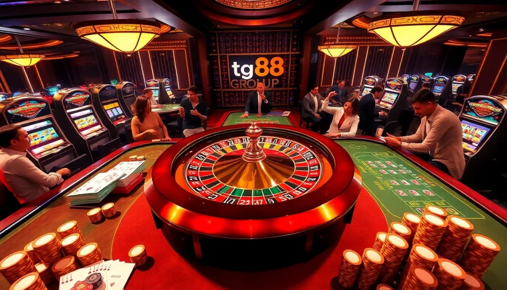 Exciting casino scene showcasing tg88 group with roulette, poker tables, and lively gameplay.