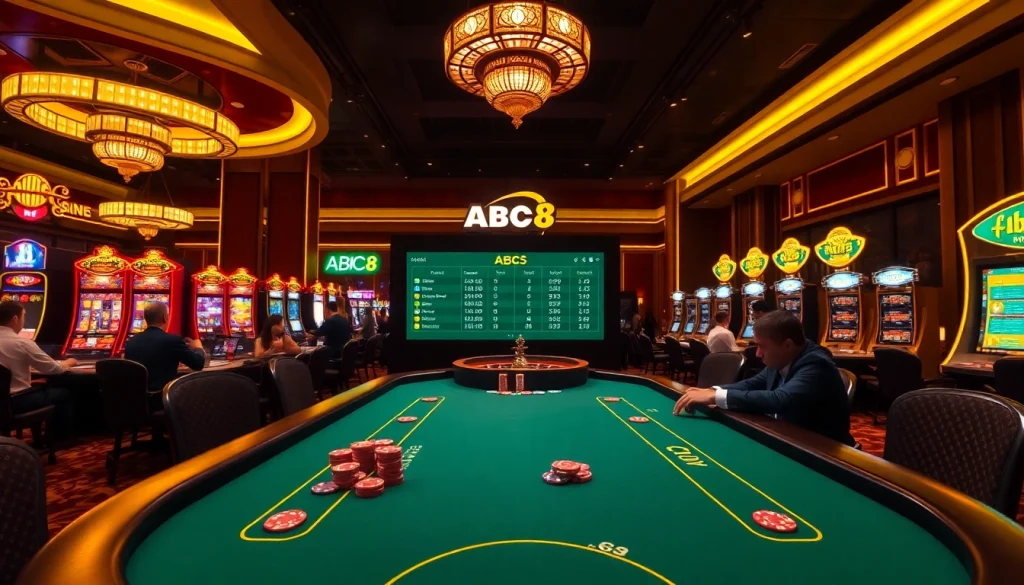 Betting on ABC8 at a luxurious casino with poker tables and vibrant slot machines.