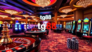 Engaging gambling scene highlighting tg88 on a luxurious casino floor with poker and slot machines.