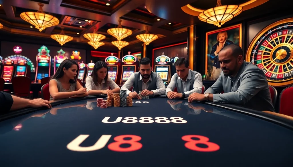 Players strategizing at a U888 poker table in a vibrant casino environment.