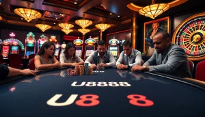 Players strategizing at a U888 poker table in a vibrant casino environment.