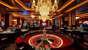 An exciting casino scene at https://bem88.io/ showcasing high-stakes poker and a vibrant roulette table.