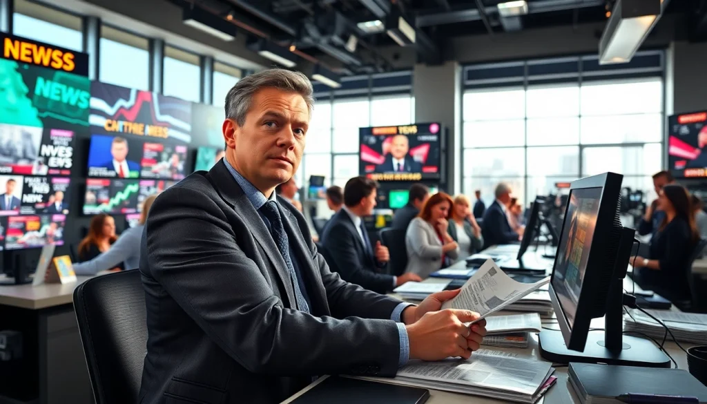 Usa Today journalist reporting in a busy newsroom environment with vibrant headlines.