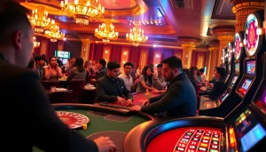 Engaged gamblers playing pivotal hands at the NOHU casino with vibrant chips and exciting atmosphere.