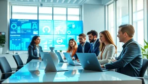 Team collaborating as an AI automation agency in UK, showcasing innovation and technology in a bright office.