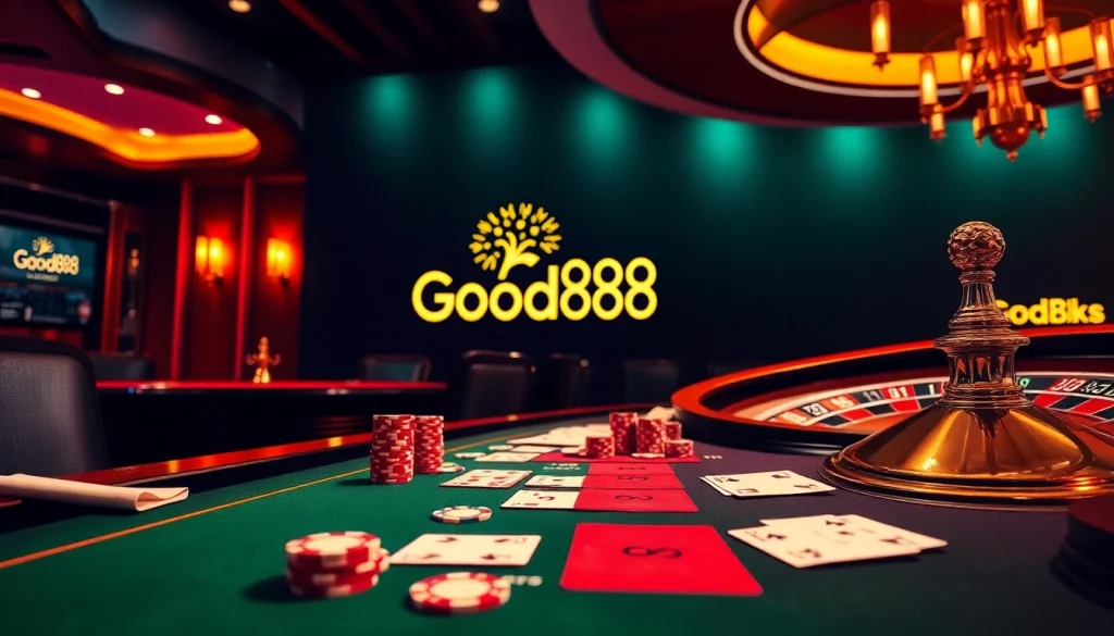 Experience high-stakes action with Good88 at a luxurious casino table featuring poker chips and cards.