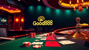 Experience high-stakes action with Good88 at a luxurious casino table featuring poker chips and cards.