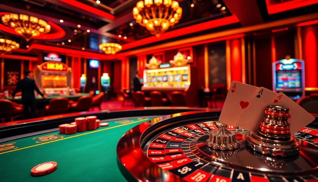 Exciting gambling scene at NK88 with roulette, poker cards, and vibrant casino elements.