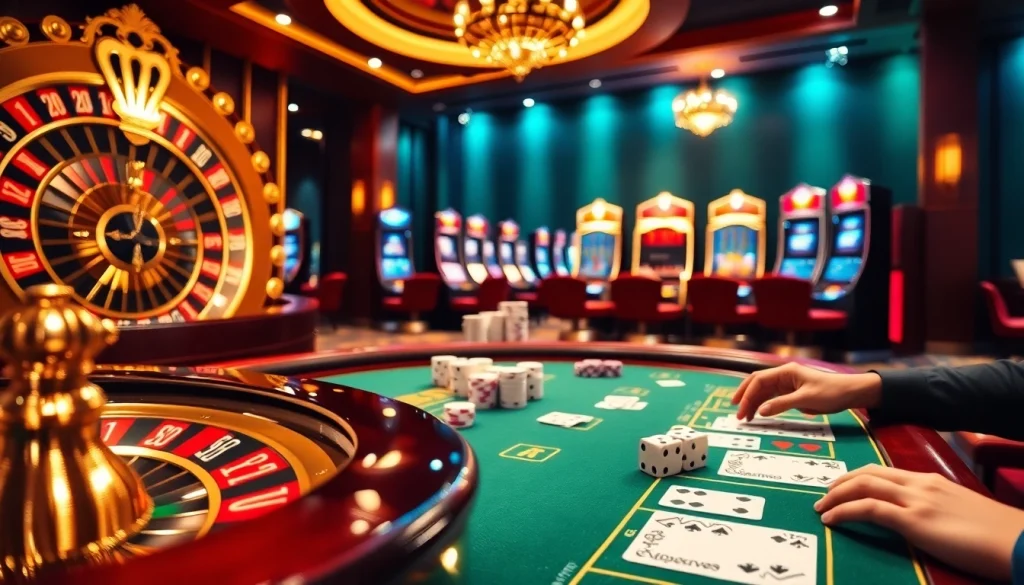 Thrilling Luckywin casino scene featuring roulette, poker chips, and players at blackjack tables.