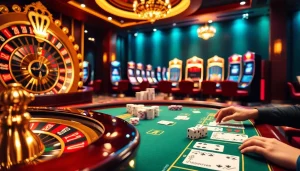 Thrilling Luckywin casino scene featuring roulette, poker chips, and players at blackjack tables.