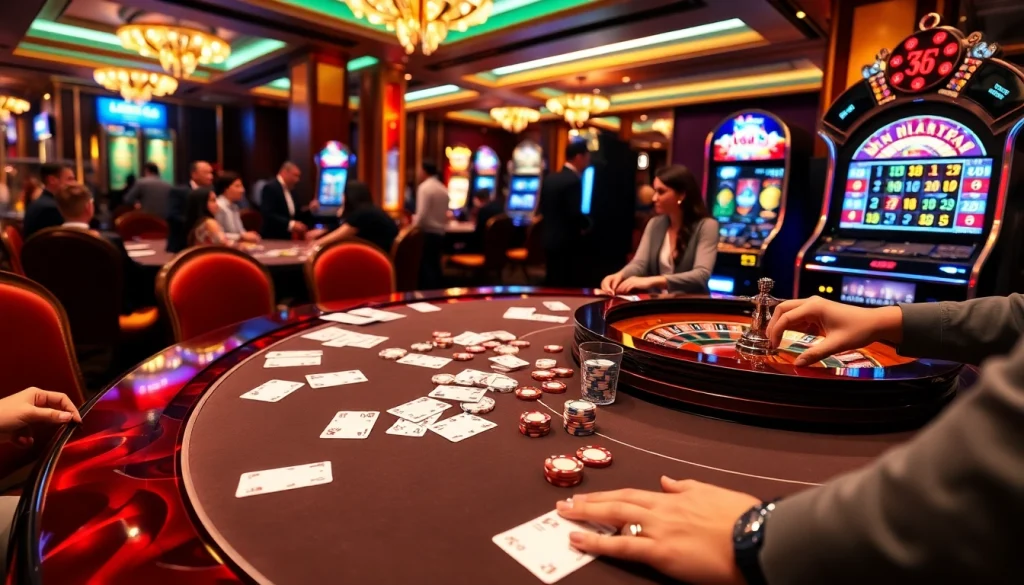 Experience the excitement of LC88 Casino with players engaged in poker and roulette games.