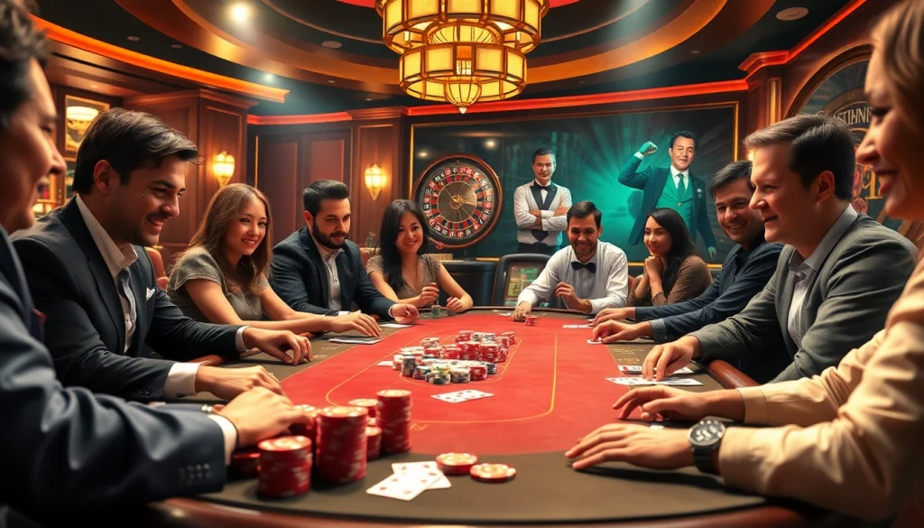 Engaging poker action at a casino table featuring a diverse group of players for https://ww88.cards/.