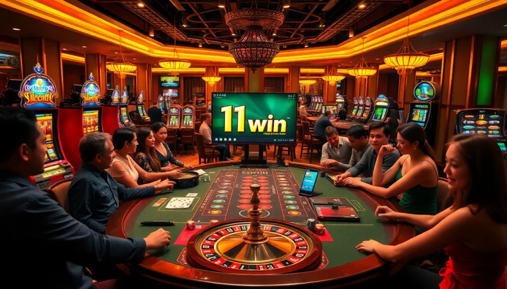 Players enjoying their luck at https://11win.br.com/, engaging with casino tables and slot machines.