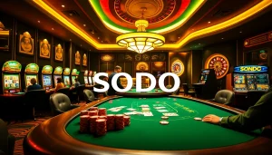 SODO branded casino scene featuring players engaged in high-stakes gambling at a vibrant table.