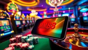 MM88 mobile casino interface surrounded by vibrant poker chips and roulette wheel.