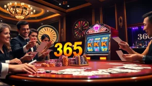 Excited players engage with the colorful 365 slot machine in a luxury casino setting.